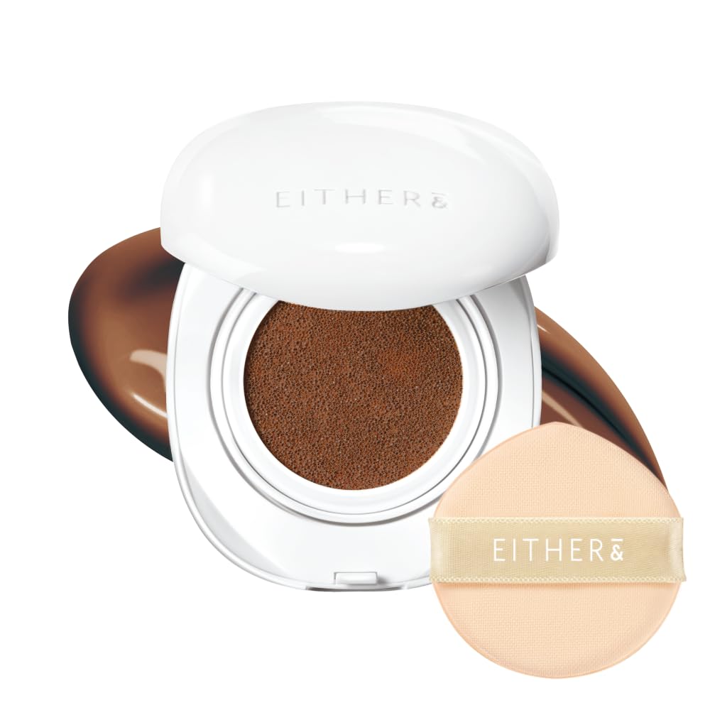 EITHER& Glow Pixel Cushion Foundation, Glowy Skincare, Korean Makeup, Natural Coverage, Moisturizing, Lightweight, Long Lasting Coverage for Flawless Skin (34N Acorn)