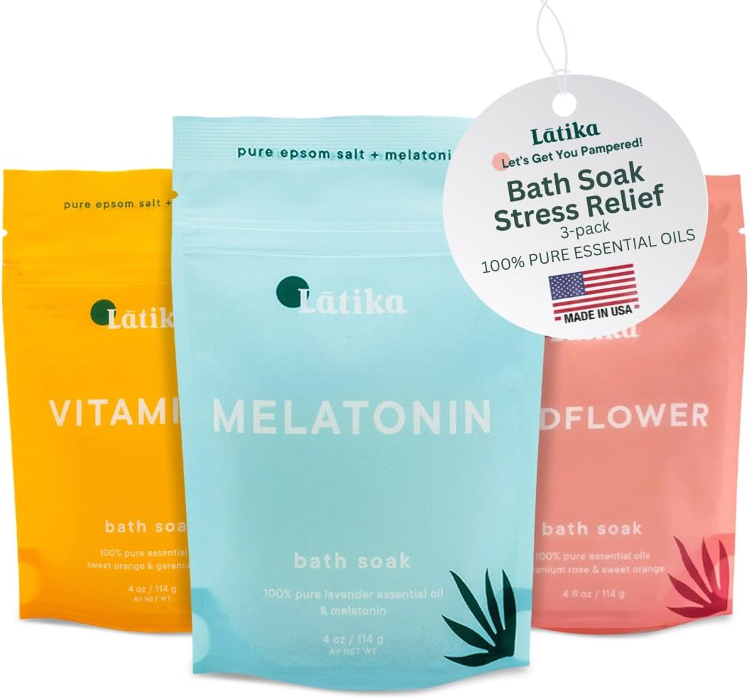 Latika Soaks Set of 3 - Wildflower, Melatonin, Vitamin C - Moisturizing Bath Soak with Epsom Salt & Essential Oils for Stress Relief, Muscle Recovery, & Relaxation - at-Home Spa