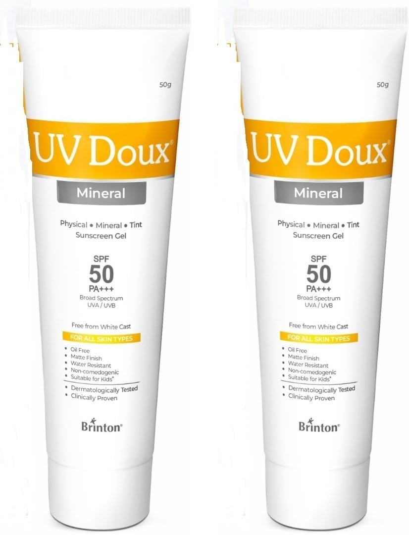 UV Doux Mineral Sunscreen SPF 50 PA+++ | Tinted, Oil-Free, Water Resistant No White Cast | Zinc & Iron Oxide | For Sensitive & Acne-Prone Skin Broad Spectrum, 100% Mineral | Men, Women 1.7oz Pack 2