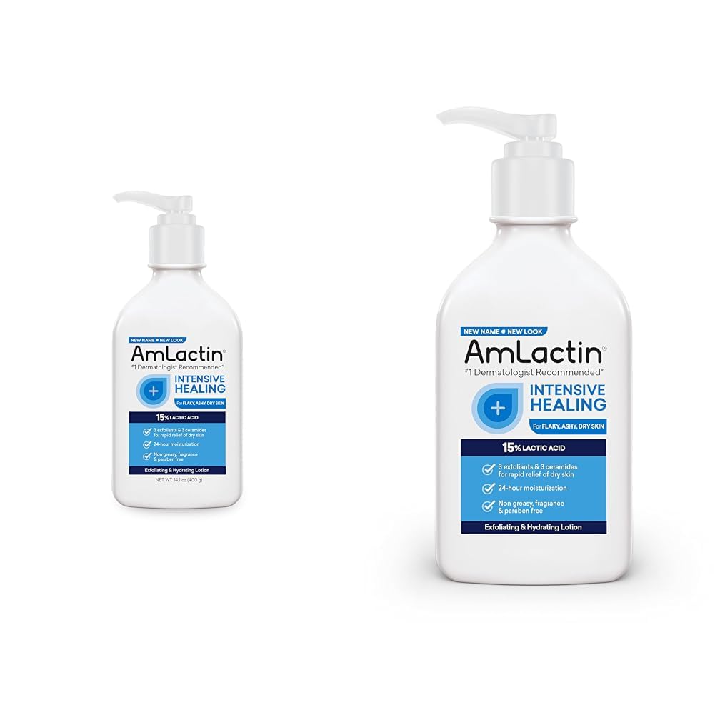 AmLactin Intensive Healing Body Lotion for Dry Skin - 14.1 oz and 7.9 oz Pump Bottles - 2-in-1 Exfoliator & Moisturizer with Ceramides & 15% Lactic Acid