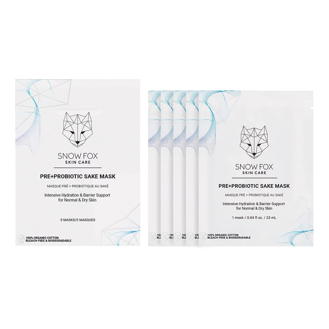 Snow Fox Pre+Probiotic Sake Sheet Mask – Microbiome Supportive Face Mask with 5 Vegan Biotics & Japanese Sake Ferment – Hydrating, Firming, Glowing Skincare – 5 Pack