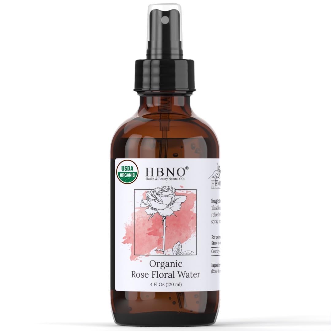 HBNO California Bottled Organic Rose Water for Face 4 fl oz (120ml) - USDA Certified Organic Rose Water Spray for Cleansing- Pure Rosewater for Hair - Rosewater Face Mist