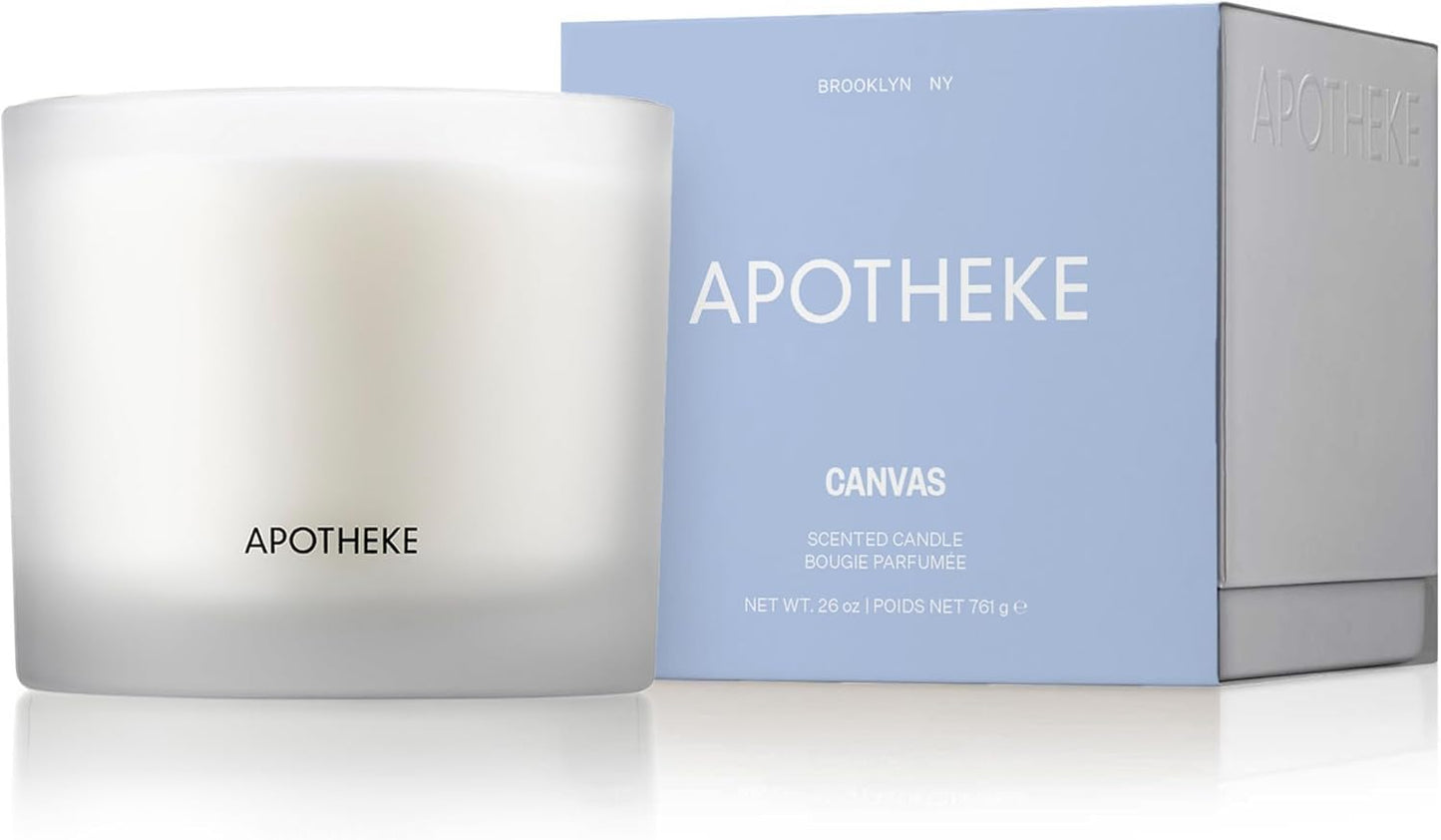 Apotheke 3-Wick Scented Candles for Home, Canvas - 26 oz Soy Wax Jar Candle Gift for Women - Long-Lasting Fragrance with Perfume-Grade Essential Oils - White Musk, Dew Drops & Lily of The Valley
