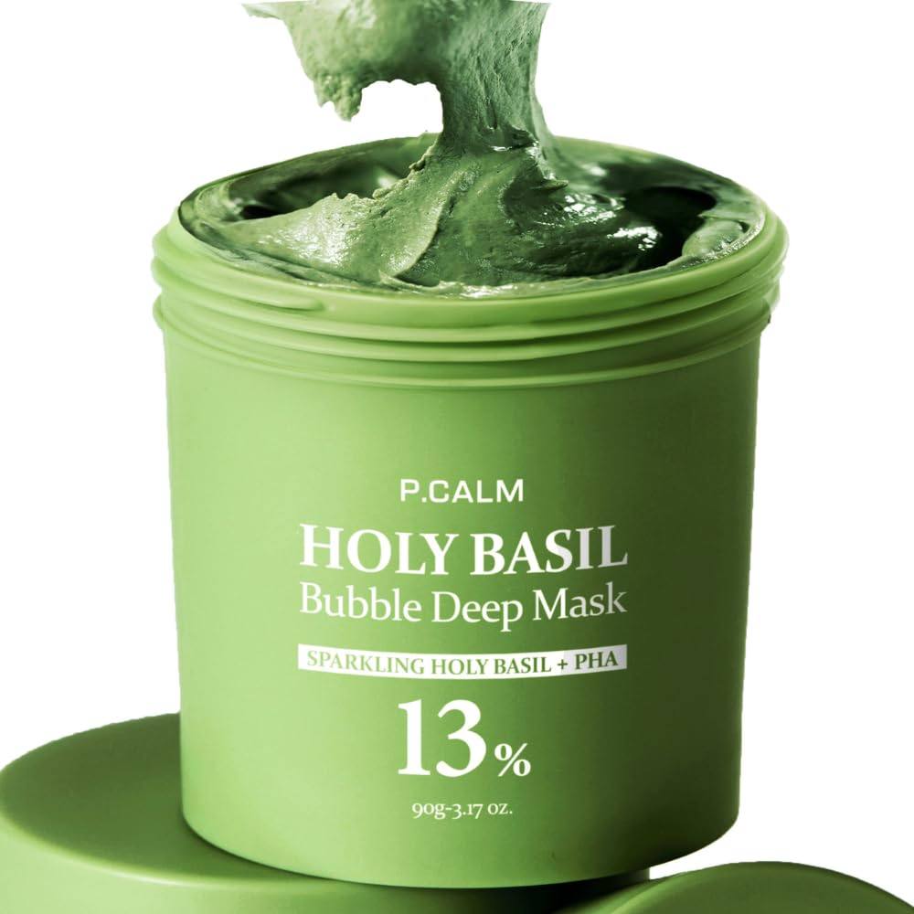 P.CALM Holy Basil Bubble Deep Mask â Holy Basil & Carbonated Water for Cleansing Pores & Blackheads, Korean Clay to Bubble Wash-Off Pack (90g / 3.17 oz)