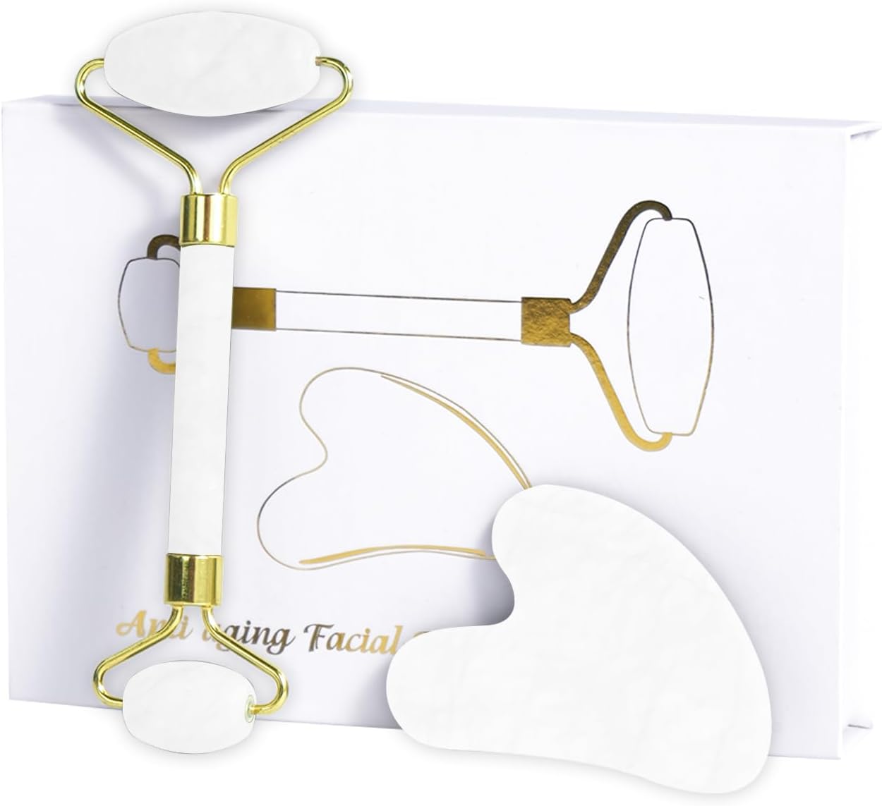 Jade Roller Gua Sha Tools – Nature Gua Sha Facial Tool Skin Tightening Face Massager Anti-Aging Jade Face Roller Puffiness Reducing Guasha Stone for Women Men (White)