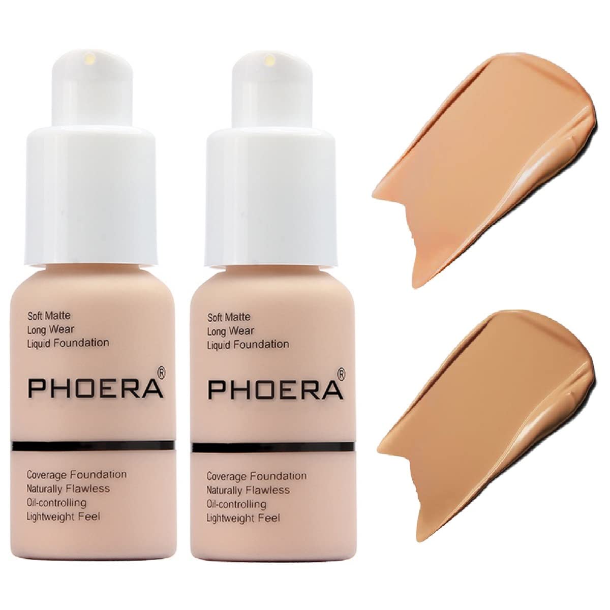 2 Pack PHOERA Foundation,Matte Oil Control Concealer Cream,PHOERA Long Lasting Waterproof Matte Liquid Foundation for Women Girls (104 Buff Beige+105 Sand)