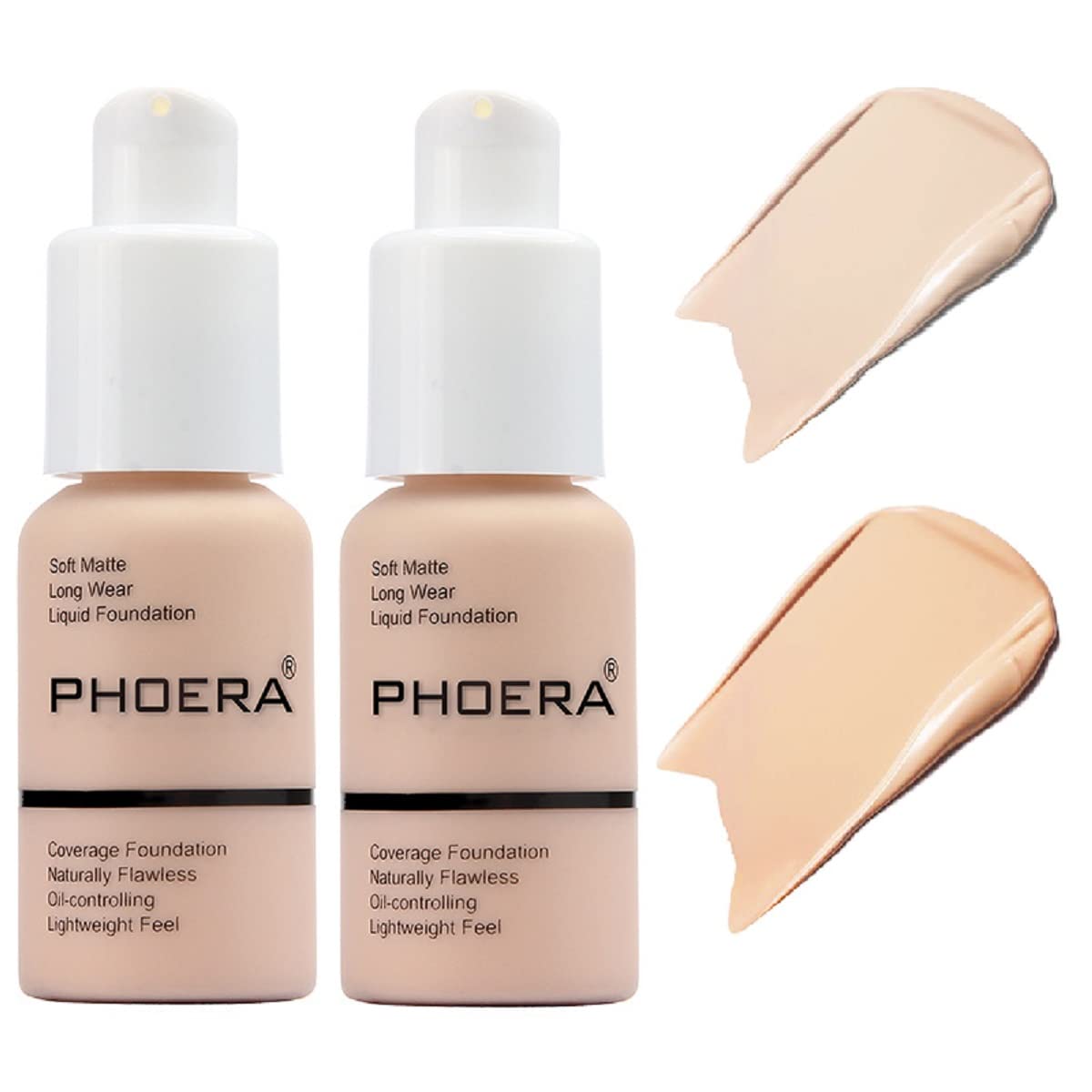 2 Pack PHOERA Foundation Makeup For Older Women,Flawless Soft Matte Liquid Foundation 24 HR Oil Control Concealer Makeup(101 Porcelain+102 Nude)