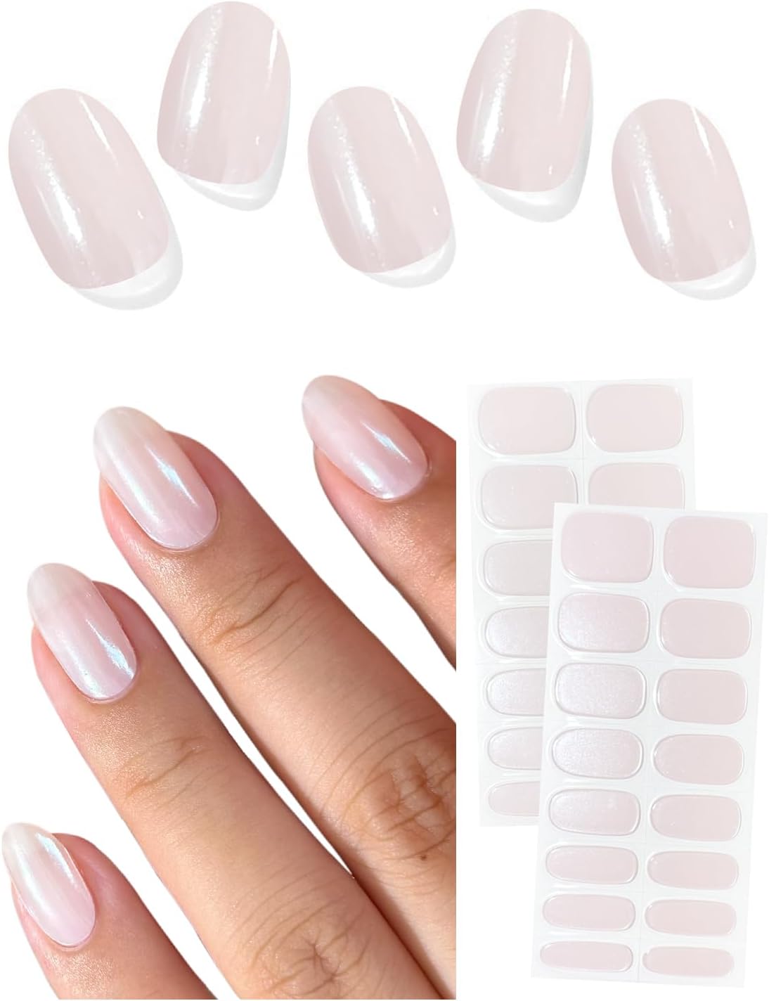 Semi Cured Gel Nail Strips (Chrome Sheer White), 30 Pcs Gel Nail Wraps, Stickers, UV Light Required