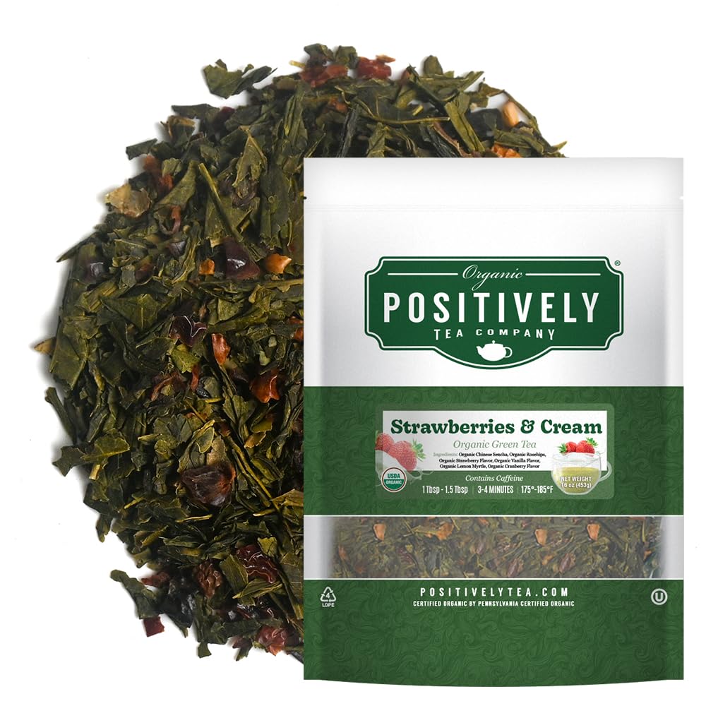 Organic Positively Tea Company, Strawberries and Cream, Green Tea, Loose Leaf, 16 Ounce