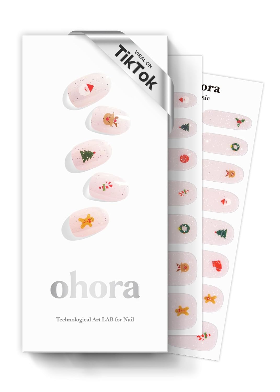 ohora Semi Cured Gel Nail Strips (N Jolly Jingles) - Nude, Pattern, Works with Any UV/LED Lamps, Salon-Quality, Long Lasting, Easy to Apply & Remove - Includes 2 Prep Pads, Nail File & Wooden Stick