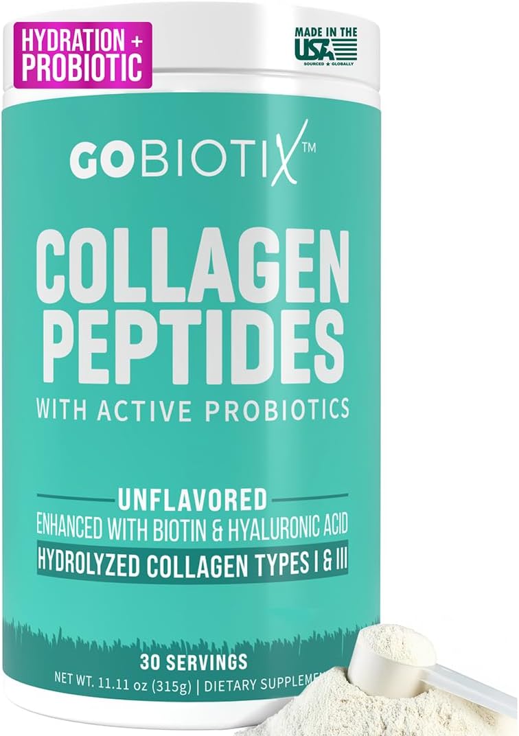 GOBIOTIX Collagen Powder Supplement with Probiotics - Hydrolyzed Protein Collagen Powder for Women - Hair Skin and Nails, Joint and Digestive Health - Collagen Peptides Type I and III - 30 Servings