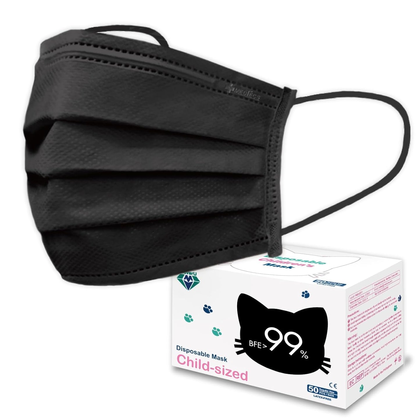 Medtecs Kids Face Mask Disposable - 2 Sizes Option (Child/Youth) 50 PCs - Comfy 3-Ply Breathable Children Masks, The Better Choice - Child | Black