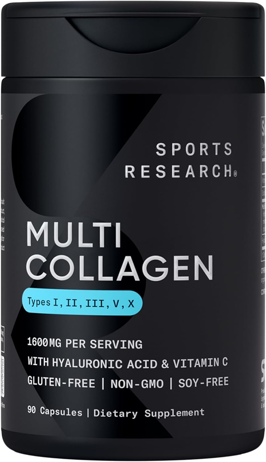 Sports Research® Multi Collagen Pills for Women & Men - Collagen Peptides (Type I, II, III, V, X) Enhanced with Hyaluronic Acid & Vitamin C - Gluten Free · Non-GMO - 90 Capsules
