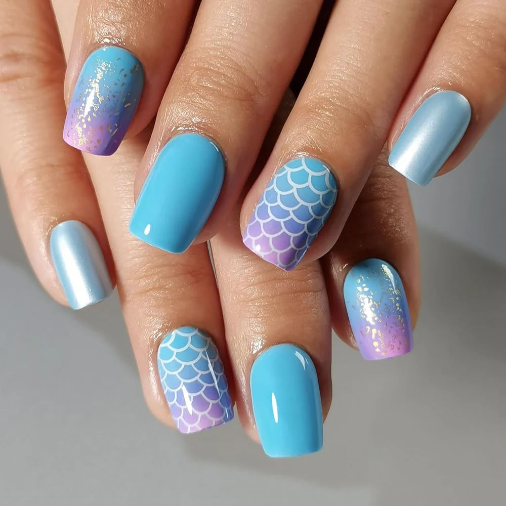 Curvlife Press On Nails Stick On Short Design Acrylic Stick On Nails Tips Glue On False Nails Kit For Women (Sunset Hawaii, Short)