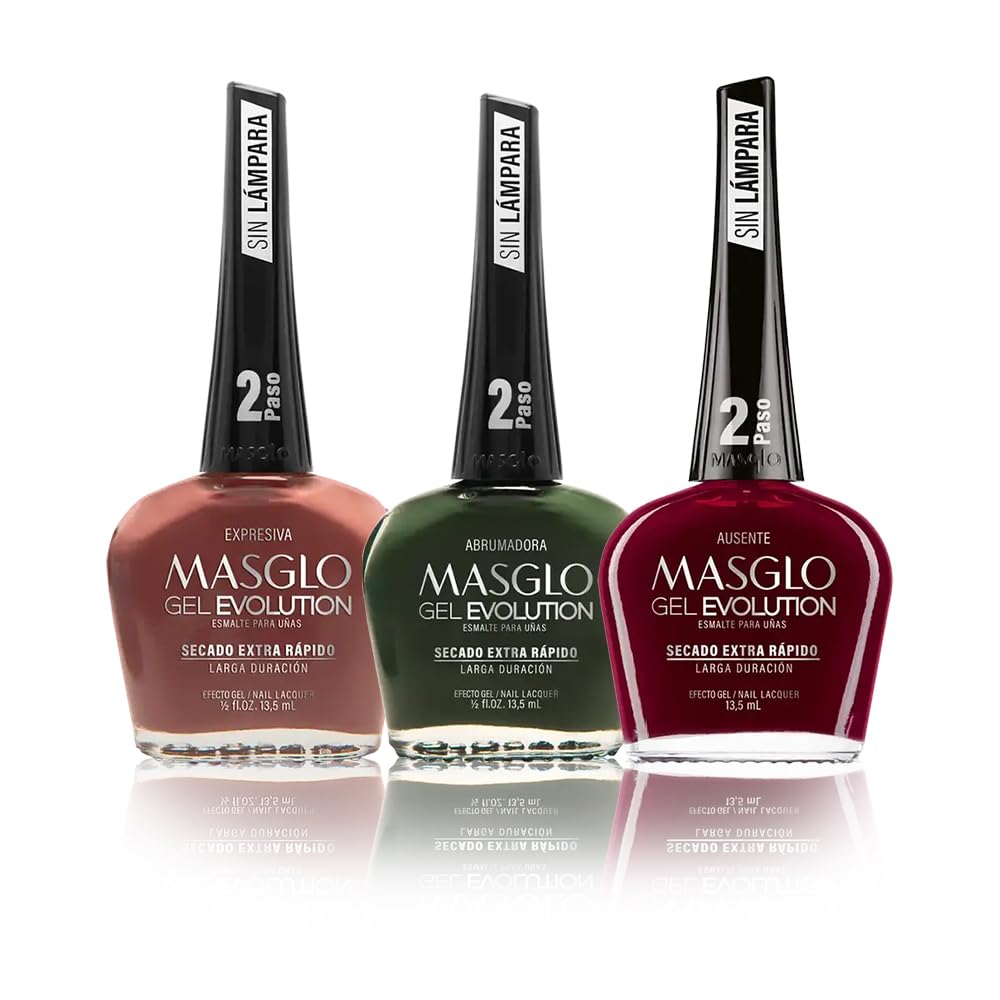 MASGLO Gel Evolution – Set of 3 Nail Polishes No UV/LED Lamp Needed, Fast-Drying, 12-Day Wear, 14-Free Formula, High-Gloss Finish, vegan (0.5 oz Each)