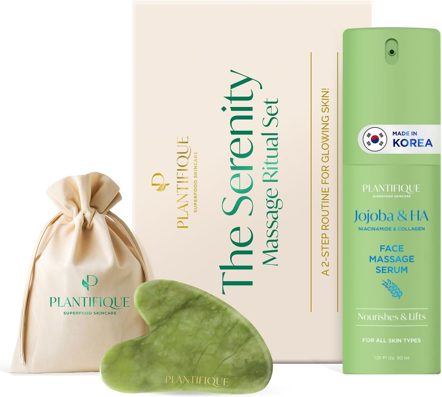 PLANTIFIQUE Massage Ritual Set: Premium Certified Jade Gua Sha + Jojoba Oil & HA Serum Skin Care Set, Birthday Gifts for Women, Teens, Mom, Brides