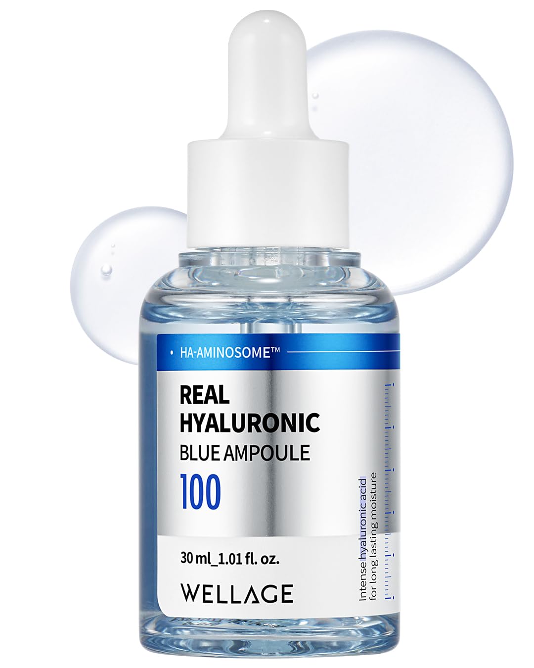 WELLAGE Real Hyaluronic Blue Ampoule 100, Korean Skincare, Fragrance Free Hyaluronic Acid Serum with Panthenol, Wild yam, Centella for Sensitive Dry Skin Moisturizer 1.01 fl.oz