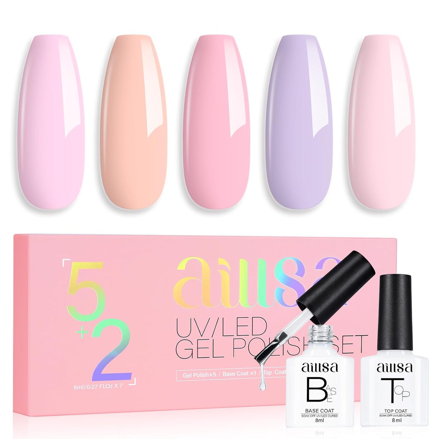 AILLSA Pastel Pink Nail Polish Set Macaron Light Purple Orange Polish with Base and Top Coat,Long Lasting Summer Spring Color Soak Off U V L ED Manicure Art Salon DIY at Home 7Pcs 8ML