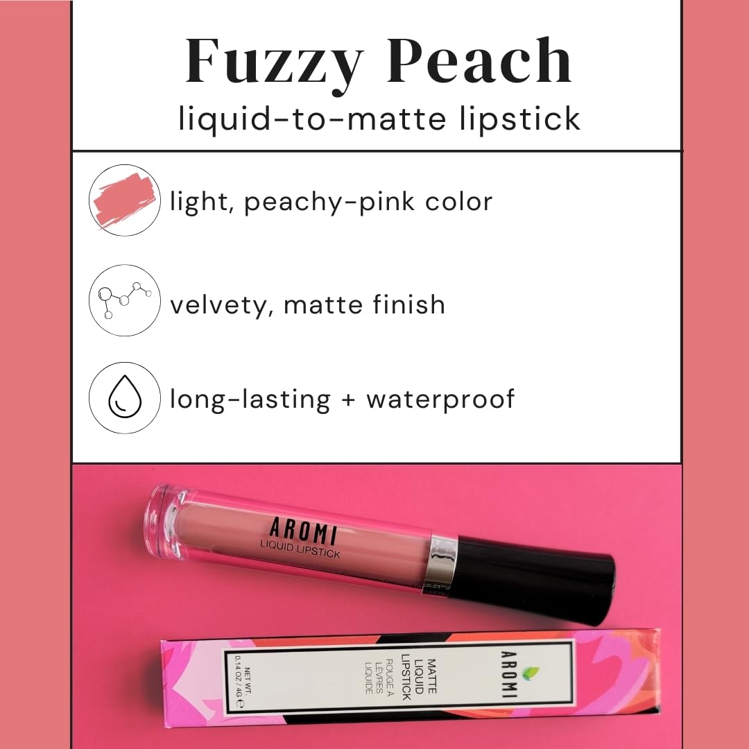 Aromi Peach Matte Liquid Lipstick | Peachy Nude Lip Color, Pink Caramel, Vegan, Cruelty-free, Long-Lasting, Handmade (Fuzzy Peach)