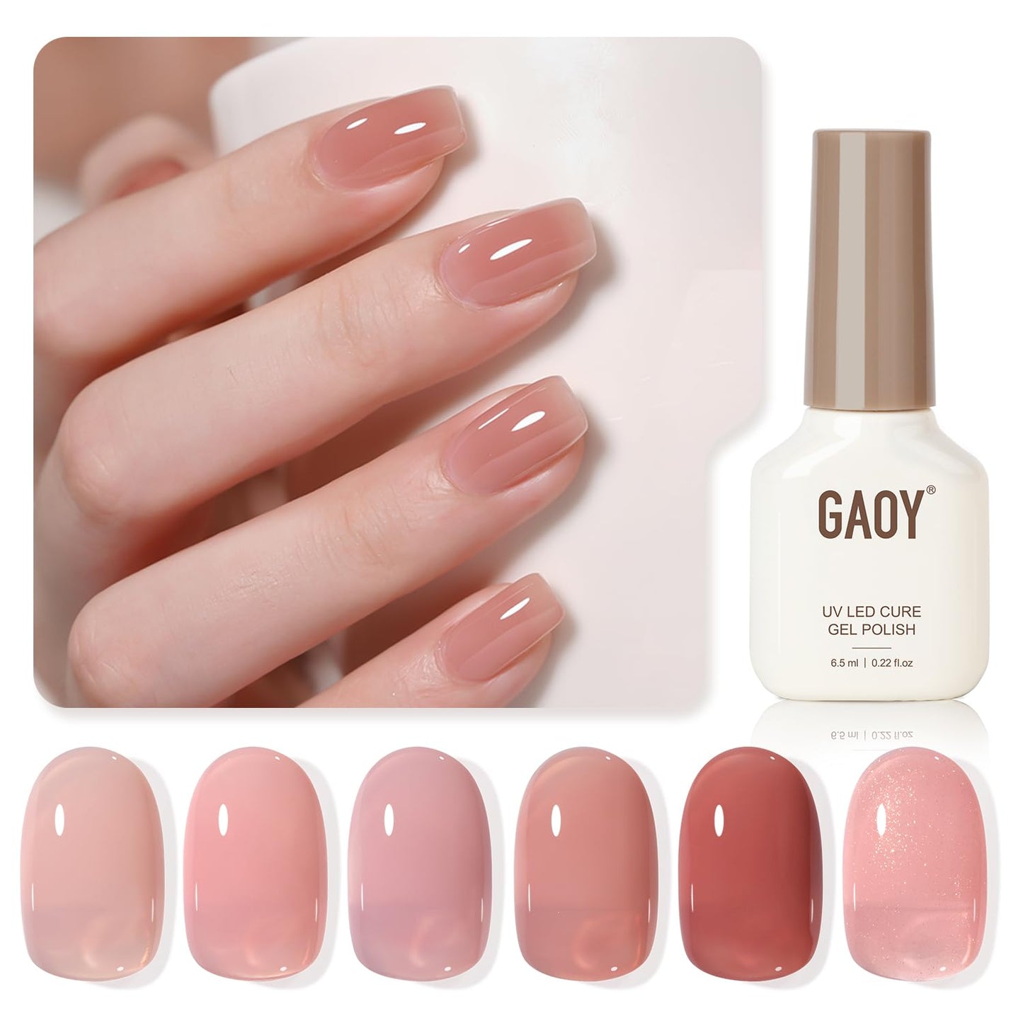 GAOY Nude Jelly Gel Nail Polish of 6 Transparent Pink Brown Shimmer Colors Sheer Gel Polish Kit for Salon Manicure and Nail Art DIY at Home