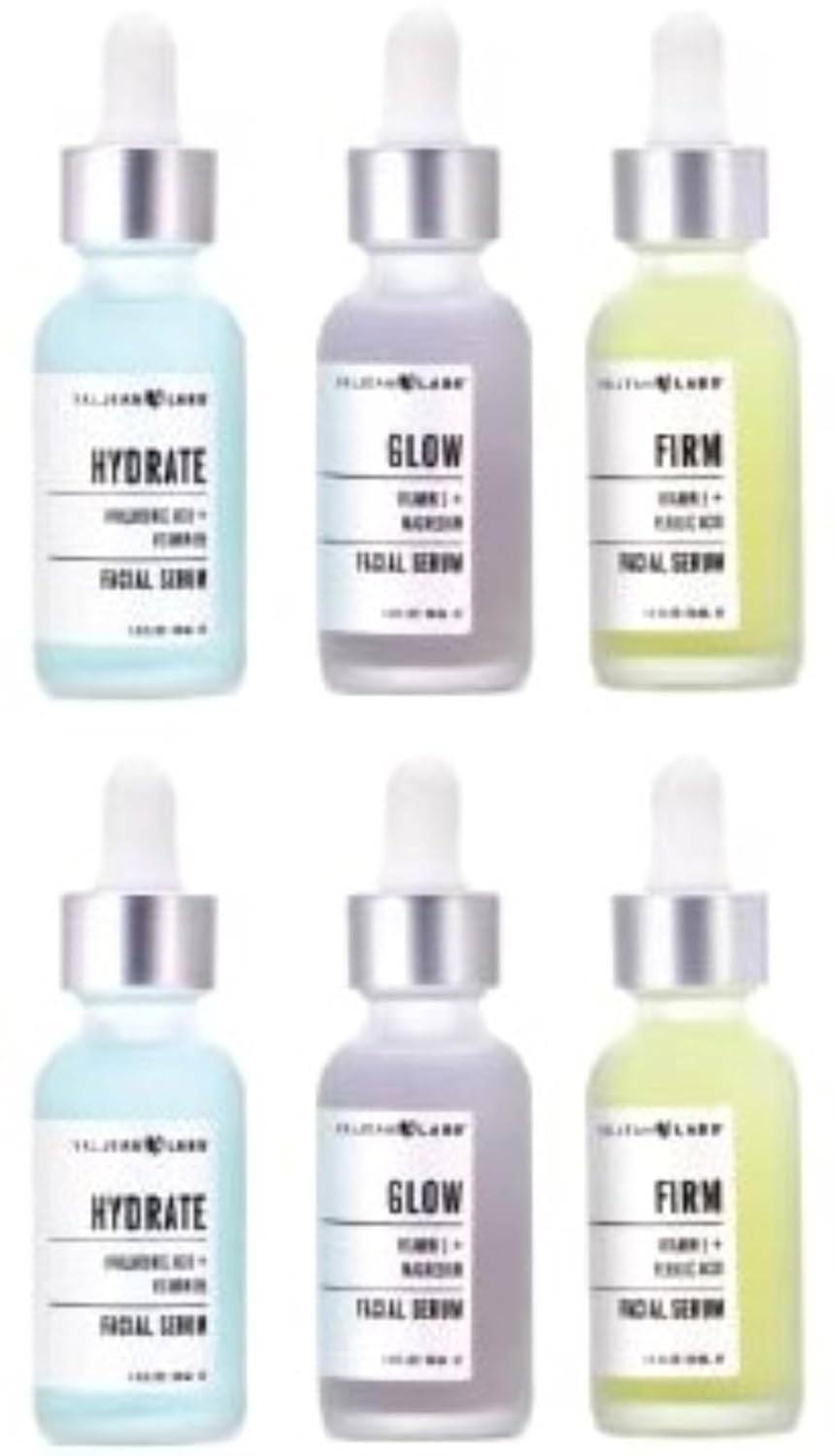 Valjean Labs Facial Serum, Combo Pack of Hydrate, Glow, and Firm | Supercharged, Targeted Skincare Ingredients | Paraben Free, Cruelty Free, Made in USA (1oz Bottles, 6 total)