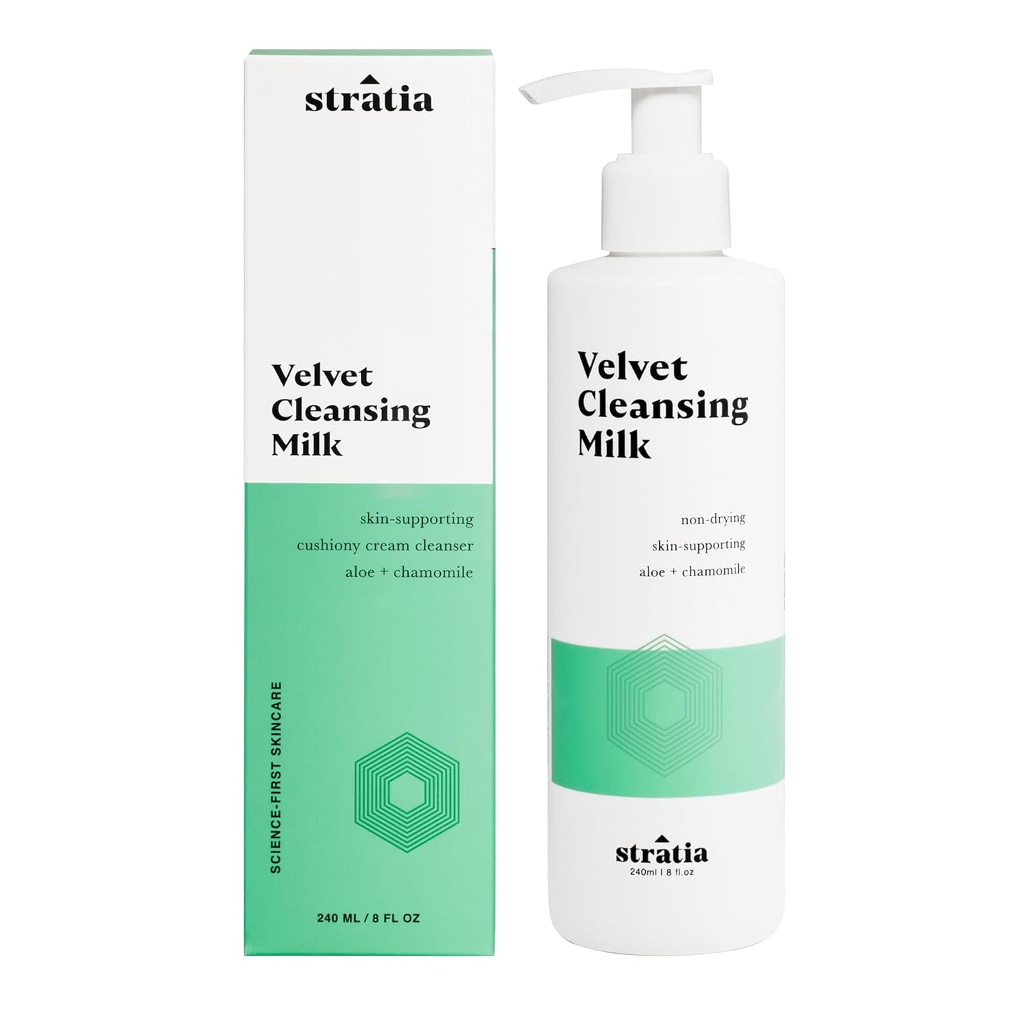 Stratia Velvet Cleansing Milk - Gentle Cream Face Cleanser, Moisturizing & Non-Foaming with Chamomile, Olive Oil & Aloe Vera, 8 Fl Oz