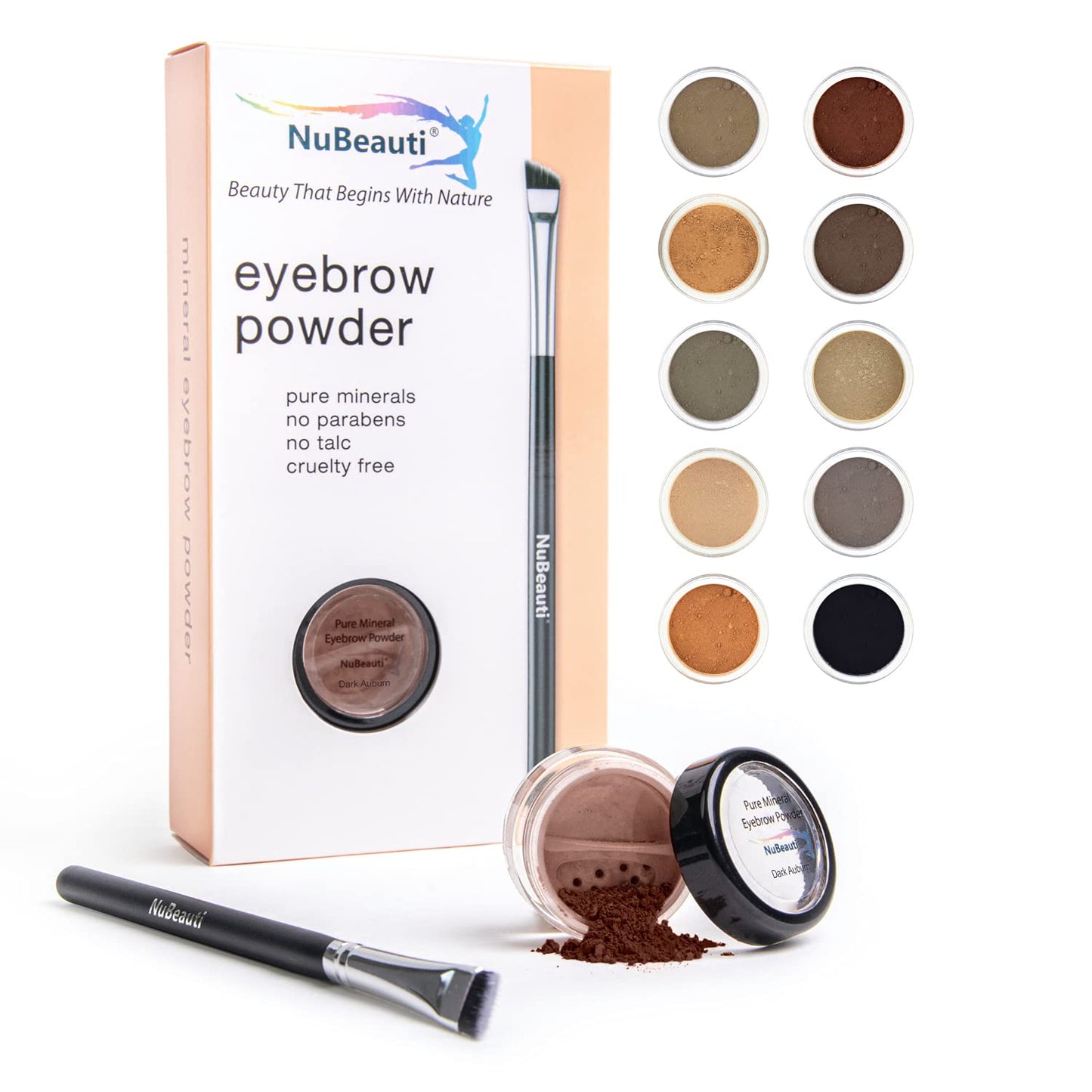 Mineral Eyebrow Powder by NuBeauti - Natural Brow Makeup Kit with Angled Contour Brush for Precision Sculpting to Color Eyebrows Precisely for Beautiful Perfect Professional Brows - (Dark Auburn)