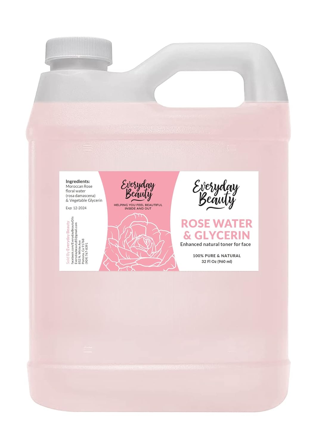 Rose Water & Glycerin Enhanced Facial Toner - 32oz Bulk Alcohol-Free Vegan All Natural Refreshing for Face and Hair - Uplifts, Calming & Soothing for All Skin Types…