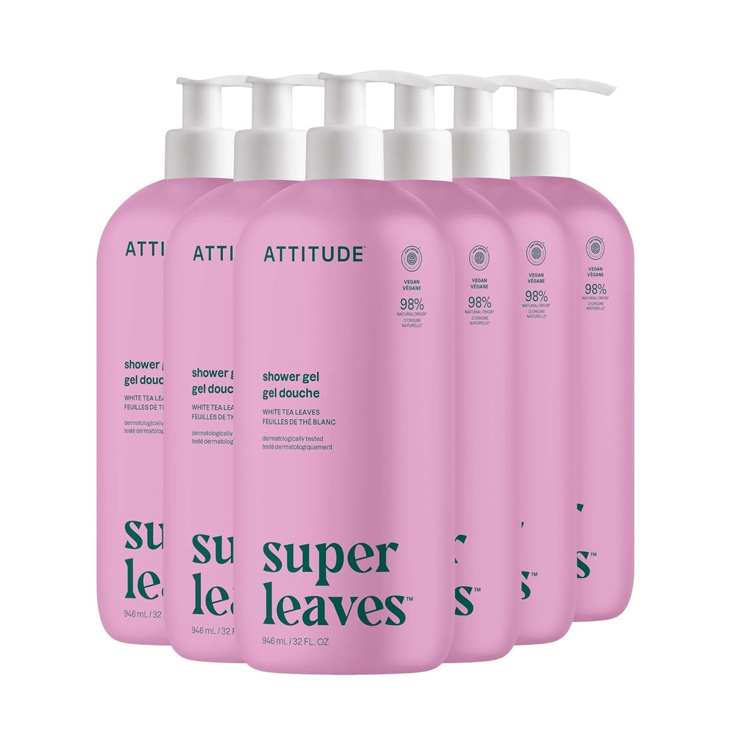 ATTITUDE Body Wash, EWG Verified Shower Gel, Dermatologically Tested, Plant and Mineral-Based, Vegan Personal Care Products, White Tea Leaves, 32 Fl Oz (Pack of 6)