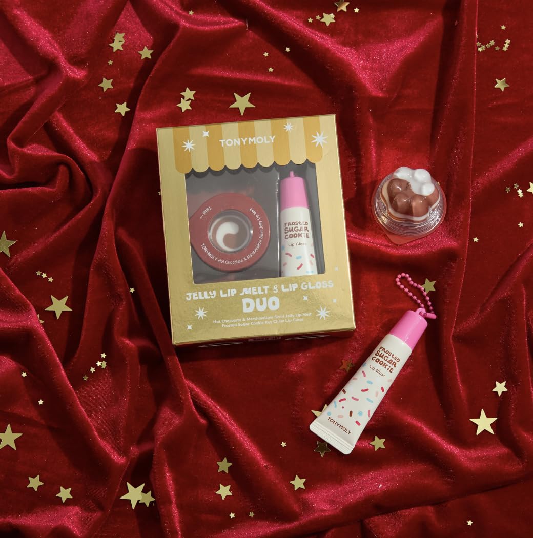 TONYMOLY Jelly Lip Melt + Lip Gloss Key Chain Duo, Limited Edition Holiday Set – Hydrating Lip Balm & Gloss with Hot Chocolate Marshmallow Swirl + Frosted Sugar Cookie, Stocking Stuffer Gift