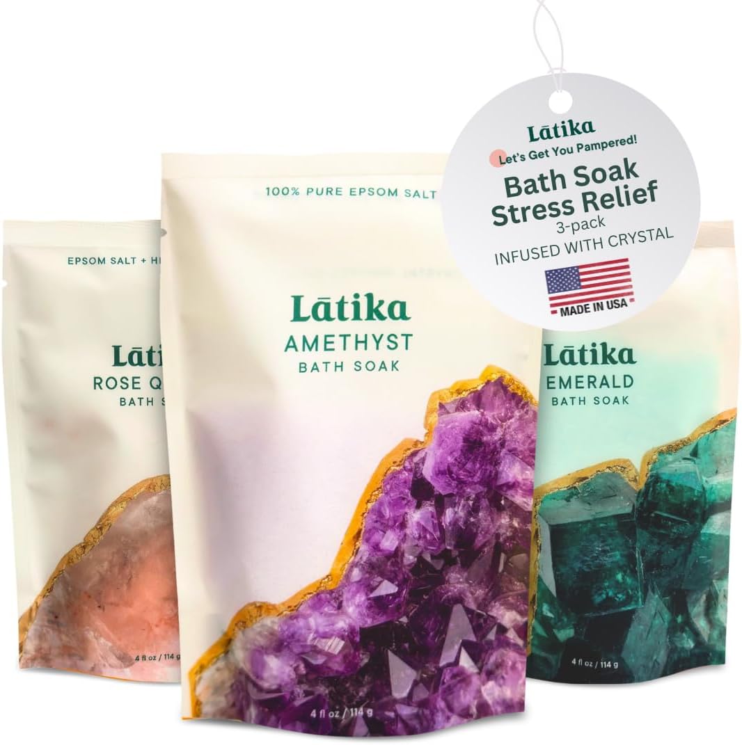 Latika Geode-Inspired Bath Soak Set of 3 - Amethyst, Rose Quartz & Emerald with Essential Oils & Epsom Salt - Sandalwood, Lavender, Sage & Eucalyptus for Stress Relief, Muscle Recovery & Skin Care