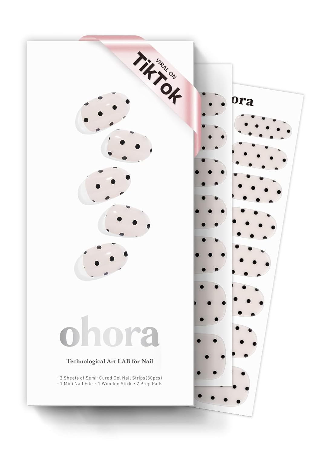 ohora Semi Cured Gel Nail Strips (N Polka Noir) - Works with Any Lamps, Salon-Quality, Long Lasting, Easy to Apply & Remove - Includes 2 Prep Pads, Nail File & Wooden Stick