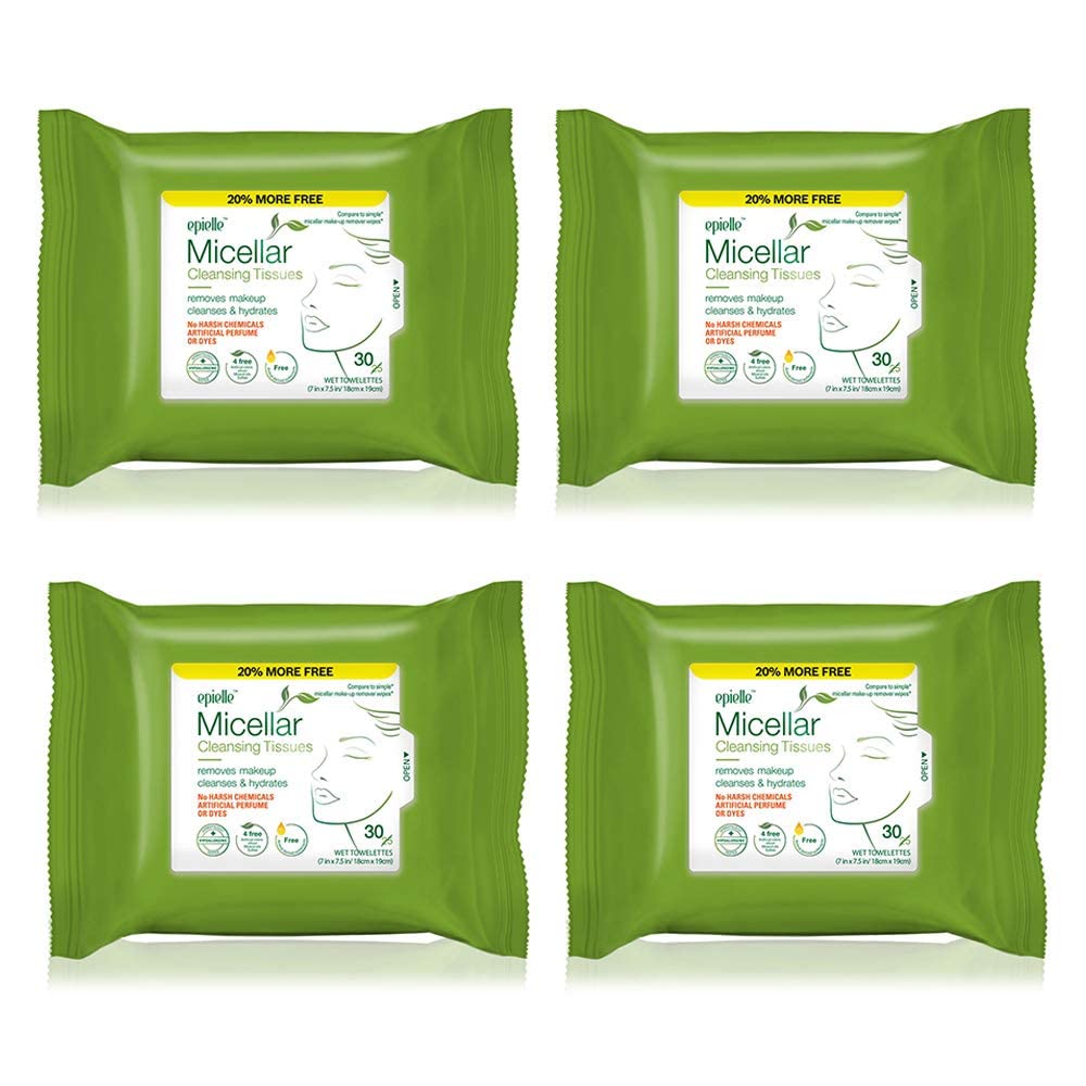 Epielle Micellar Makeup Remover Wipes, Gentle & Hydrating Daily Facial Cleanser Towelettes, Remove Dirt, Oil, Waterproof Mascara, Hypoallergenic & Alcohol-Free, 30 Count (Pack of 4)