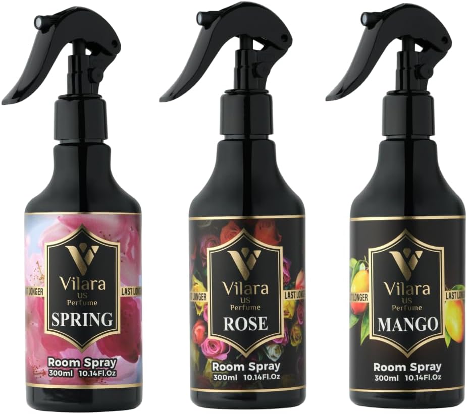 Room Spray Freshener - Long-Lasting Luxury Scents - Room and Linen Spray for Bedding, Sheets, Fabric, Furniture for Aromatherapy - 10.14 fl oz (Multipack 3:Sprng,Rose,Mango)