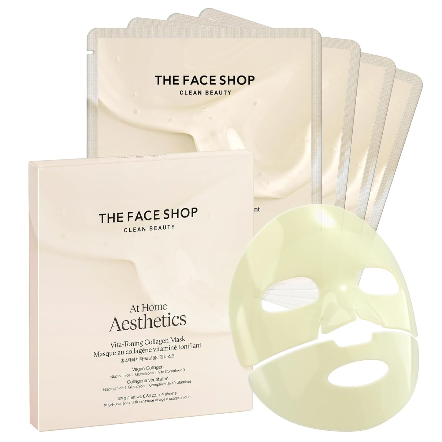 THE FACE SHOP Vita-Toning Vegan Collagen Face Mask, Korean Glass Skin Essential, Hydrogel Mask for Moisturizing & Skin Elasticity, Improves Uneven Tone, 4EA