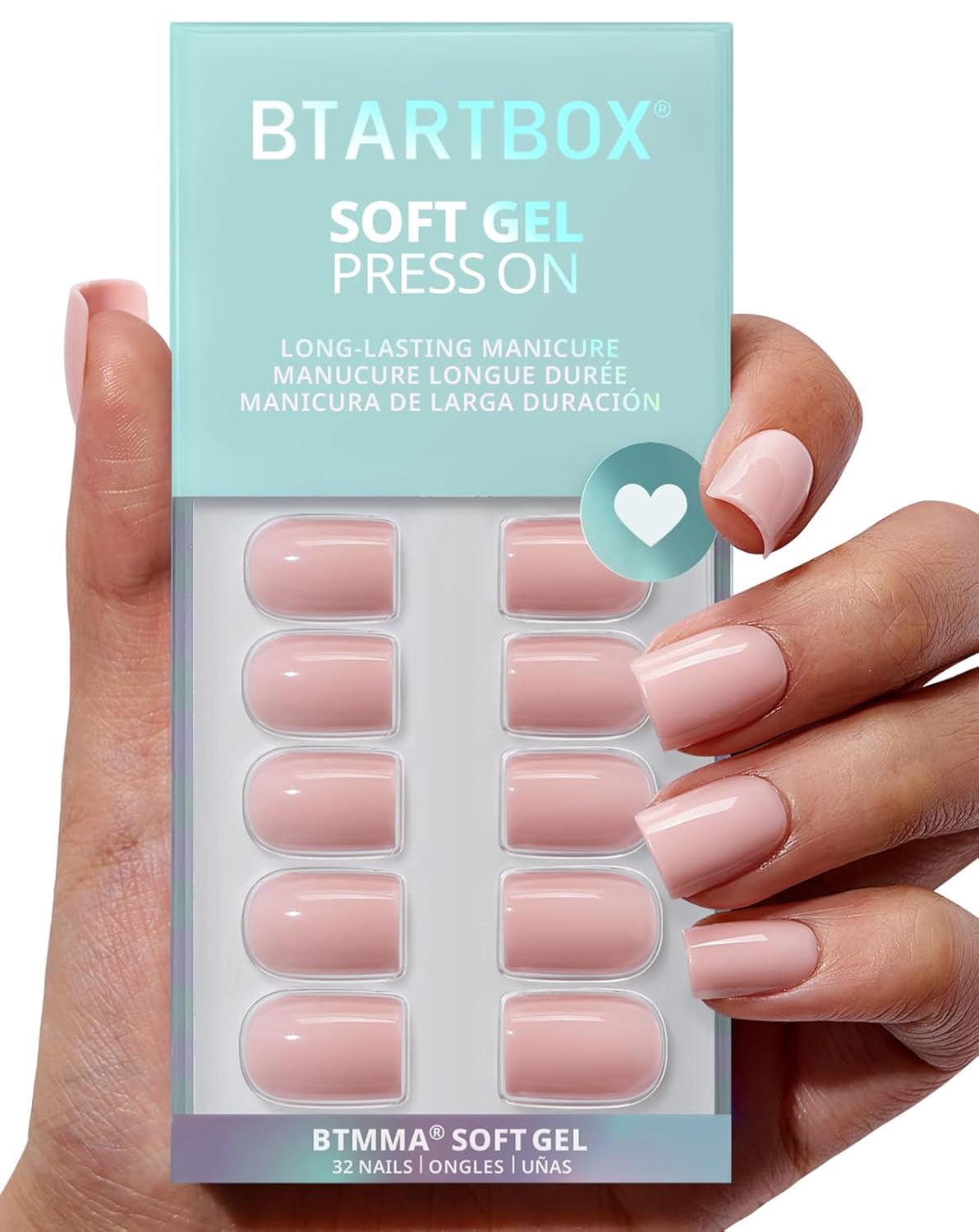 BTArtbox Press On Nails Square - Pastel Pink Short Press On Nails with Glue for Women, Opaque Soft Gel Glue On Nails in 16 Sizes - 32 Stick On Nails Kit, Metro Mocha