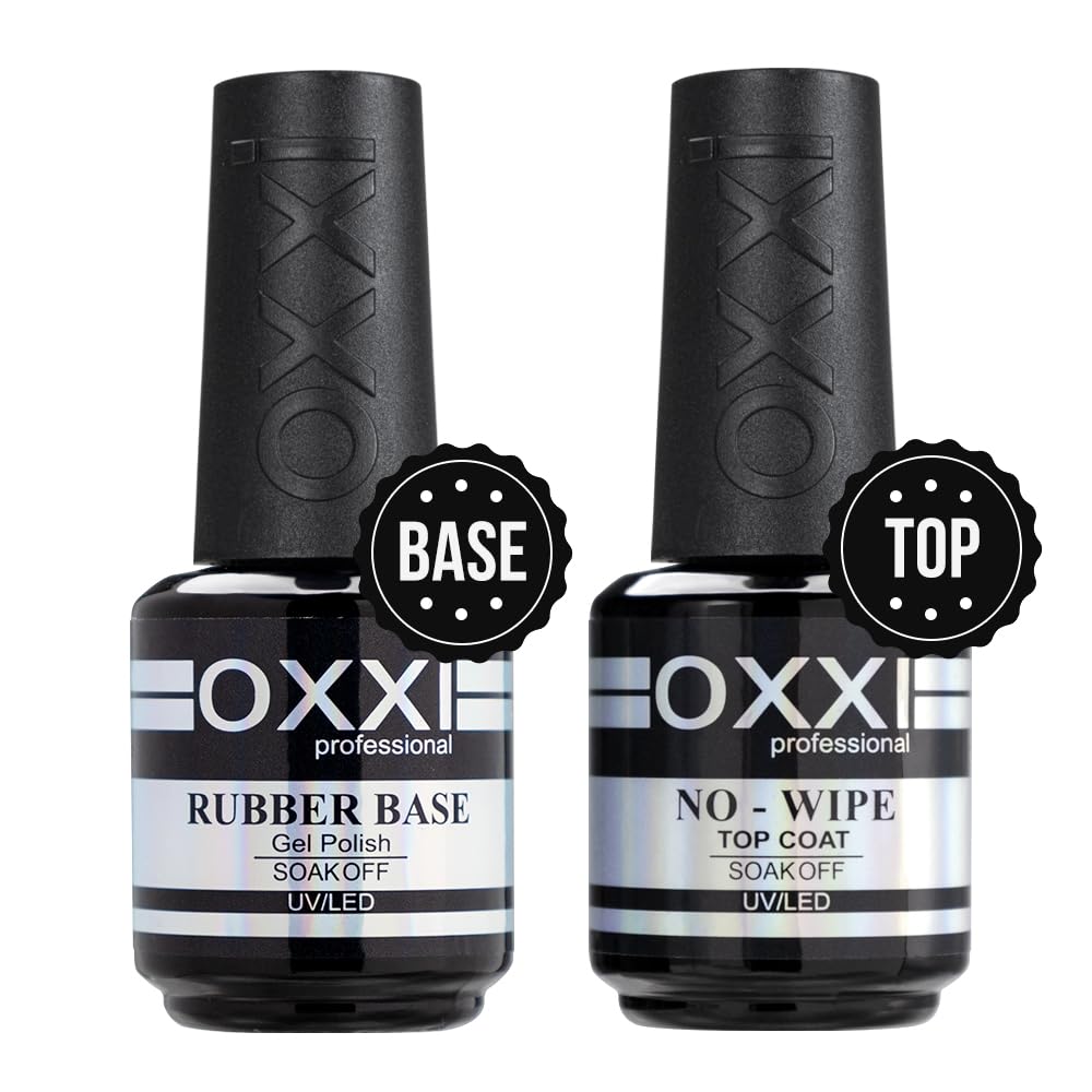 OXXI Professional 2X15ml Rubber Base Gel,No Wipe Top Coat Gel Nail Polish Set,Self-leveling Thick Nail Base Coat and High gloss anti-hanging and wear-resistant Top Coat Gift Box Salon Starter Kit