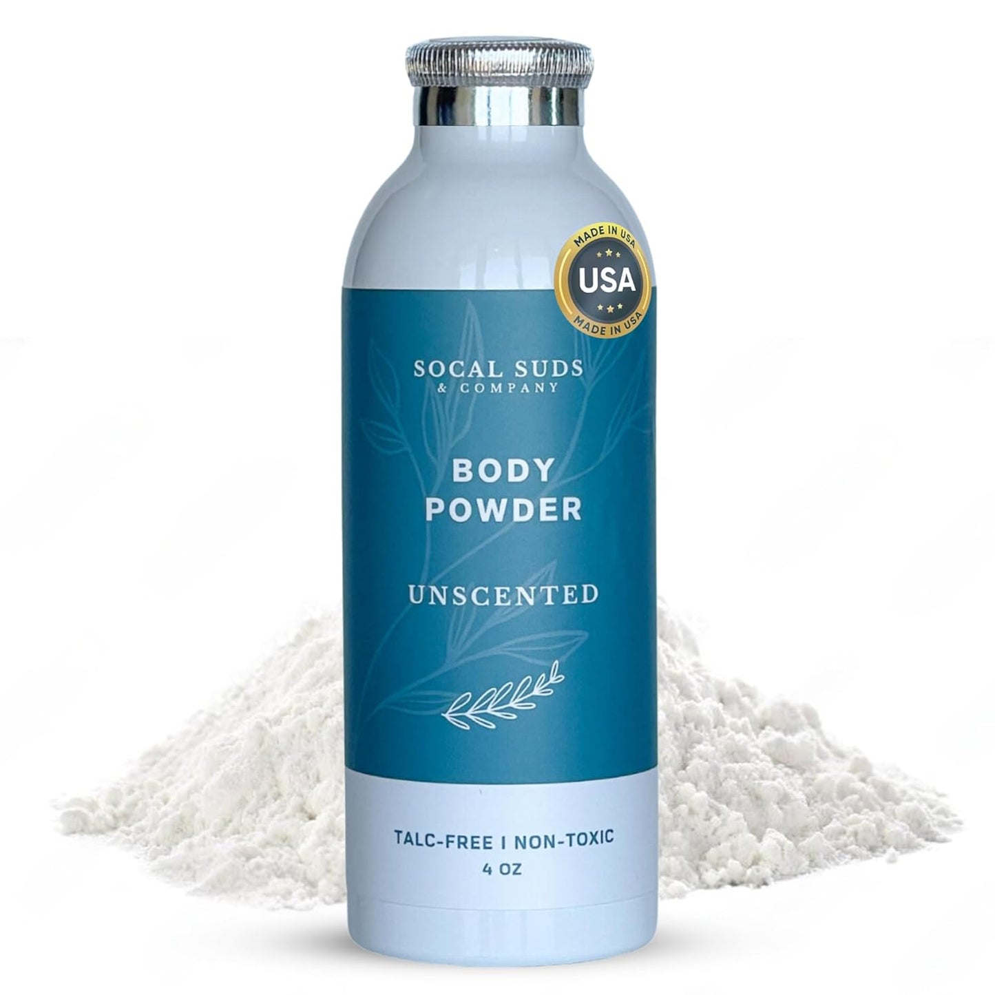 SoCal Suds & Company - Natural Body Powder Talc-Free - with Arrowroot Powder, Kaolin, Aspen Bark Extract for Soft Soothing Delicate Skin - Fragrance Free, 4oz, 1-Pack