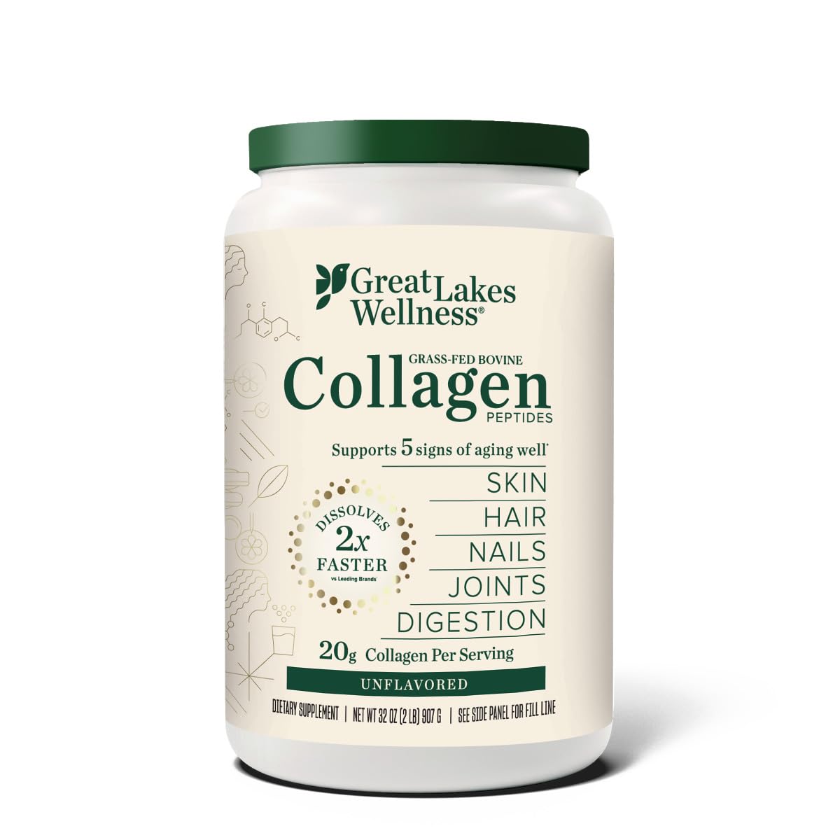 Great Lakes Wellness Bovine Collagen Peptides Powder for Skin, Hair, Nails, Joints & Digestion - Unflavored - Quick Dissolve Hydrolyzed, Non-GMO, Kosher - 32 oz