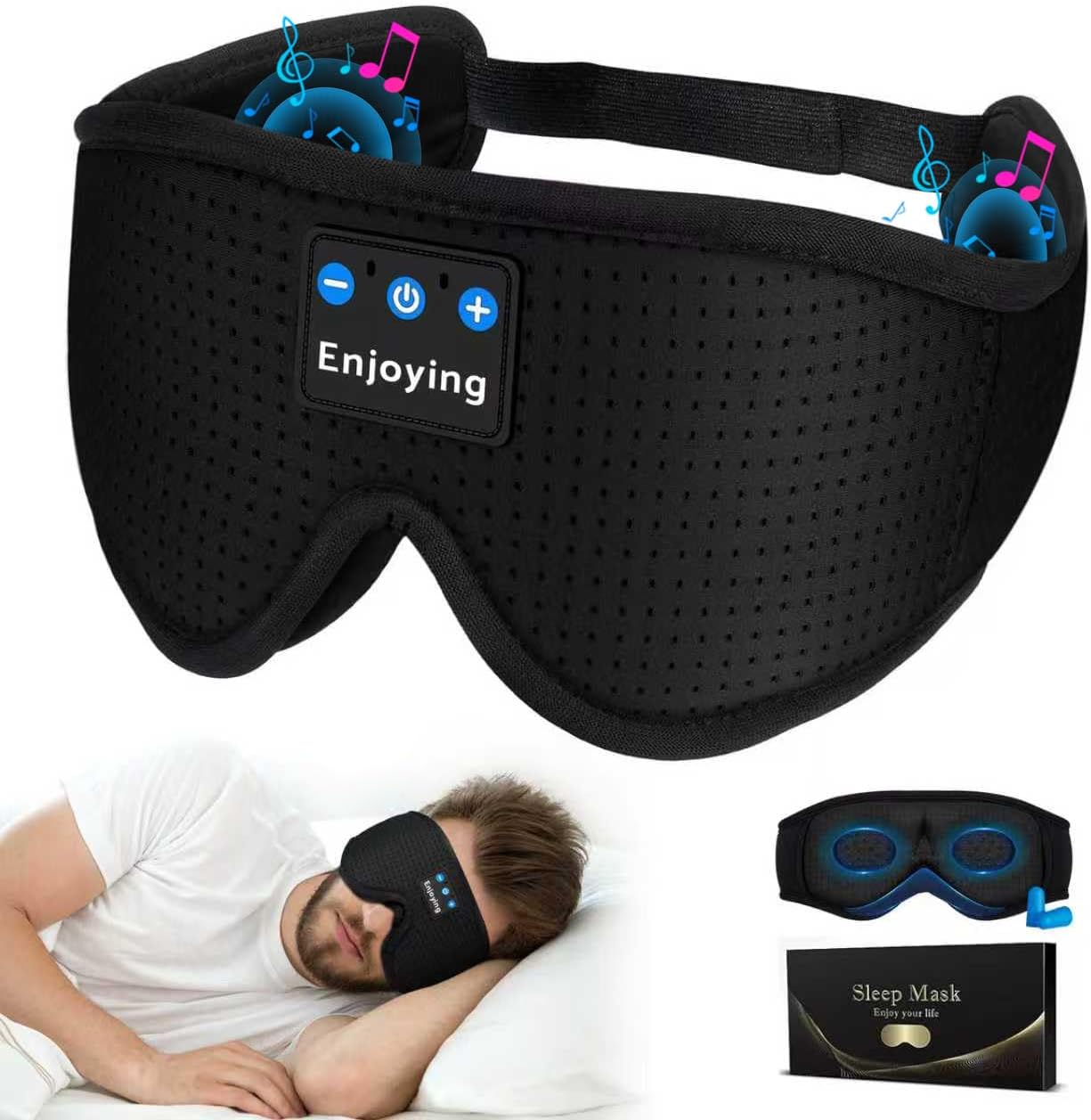 Sleep Headphones, Sleep Mask Bluetooth Wireless Music Eye Mask, Sleeping Headphones for Side Sleepers Sleep Mask with Bluetooth Headphones Ultra-Thin Stereo Speakers for Sleeping (Black)