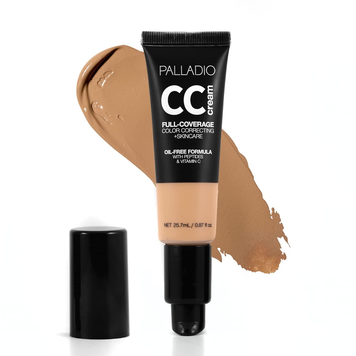 Palladio Full-Coverage Color Correction CC Cream, Oil-Free with Peptides & Vitamin C, Buildable Foundation Coverage (Tan 40W, Warm Undertone),0.87 Fl Oz (Pack of 1)