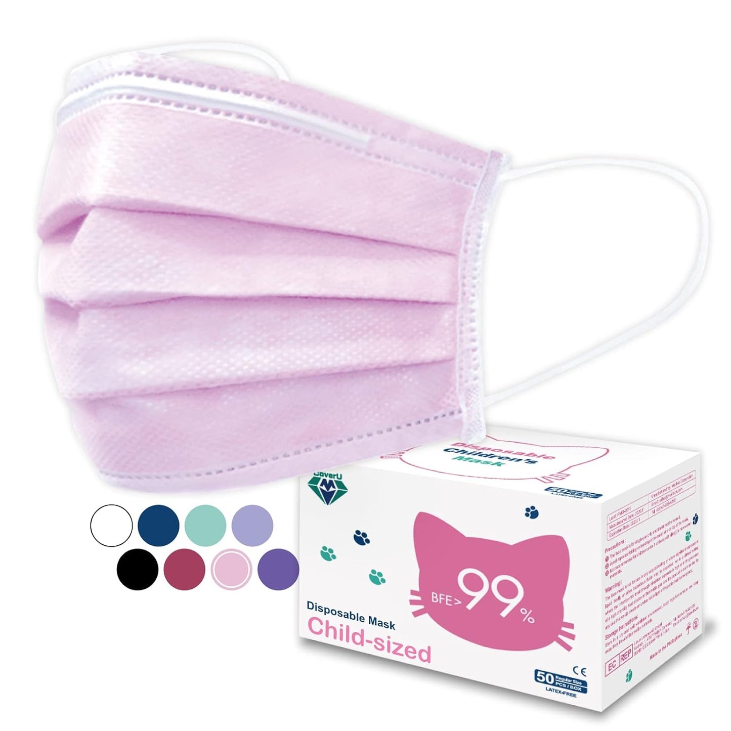 Medtecs Kids Face Mask Disposable - 2 Sizes Option (Child/Youth) 50 PCs - Comfy 3-Ply Breathable Children Masks, The Better & Safer Choice - Child | Pink