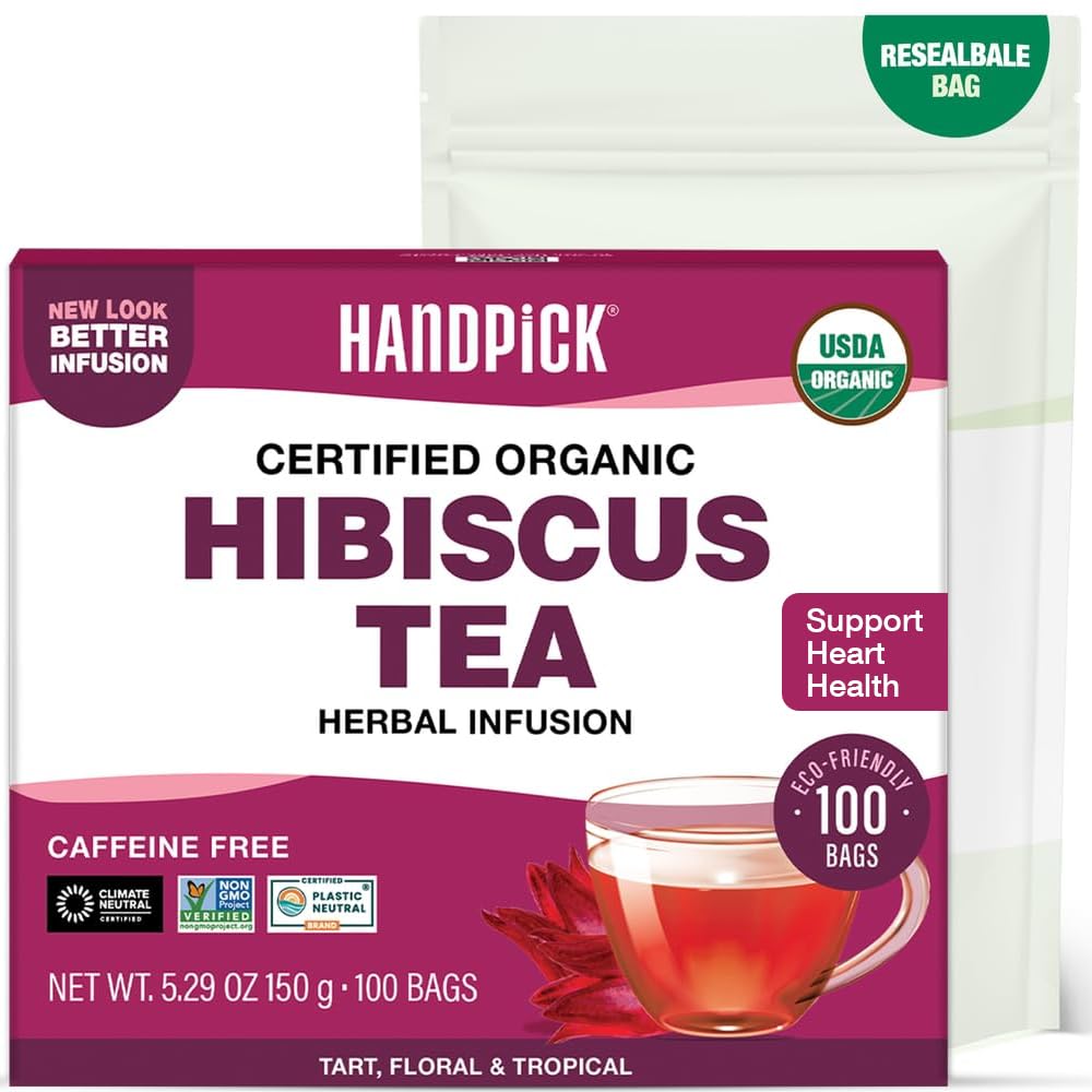 HANDPICK, Organic Hibiscus Tea Bags (100 Tea Bags) | Caffeine-Free, 100% Natural Pure Indian Hibiscus Flowers | Ayurvedic Benefits in every sip