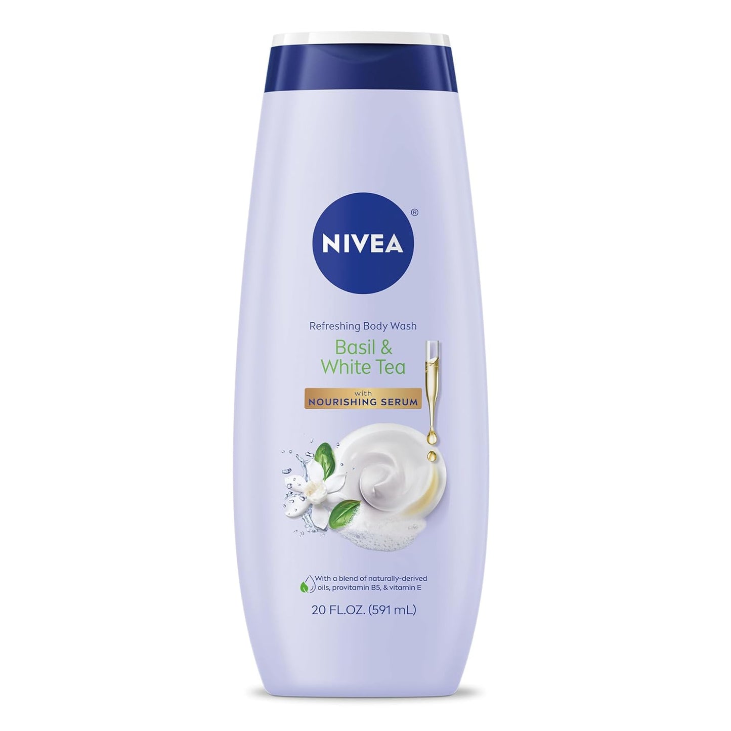 NIVEA Refreshing Basil and White Tea Body Wash with Nourishing Serum, Scented Body Wash for Women, Enriched with Provitamin B5 and Vitamin E, 20 Fl Oz Bottle