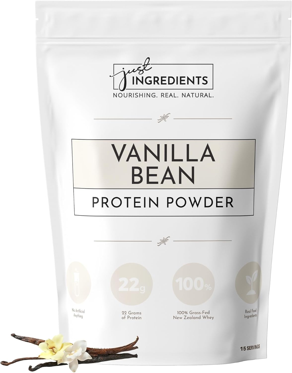 JUST INGREDIENTS Protein Powder | Vanilla Protein Powder Made with 100% Grass Fed, Non Denatured Whey | Four Different Protein Sources from Organic Whole Food Ingredients | 15 Servings | 22g Protein