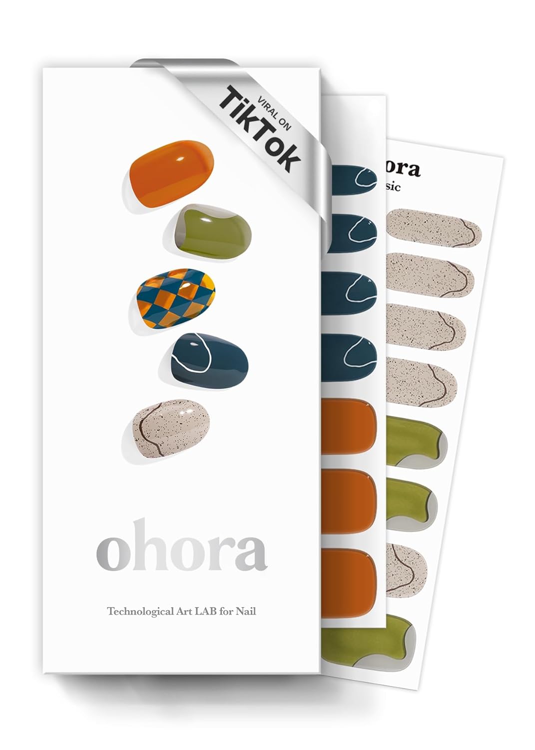 ohora Semi Cured Gel Nail Strips (N Tea-time) - Green/Blue, Patterned, Works with Any UV/LED Lamps, Salon-Quality, Long Lasting, Easy to Apply & Remove - Includes 2 Prep Pads, Nail File & Wooden Stick