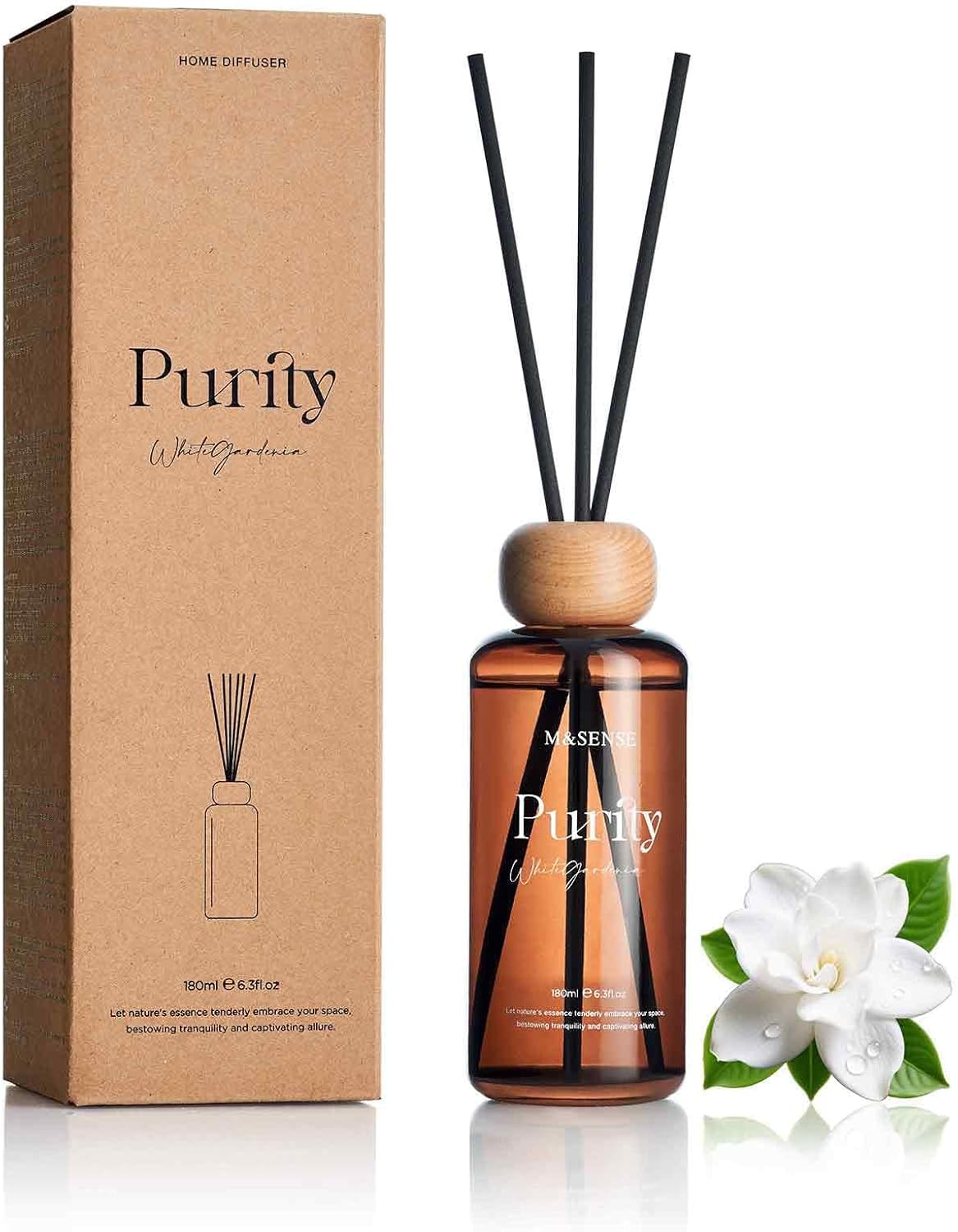 M&SENSE White Gardenia Reed Diffuser: 6.3 fl oz Lemon & Linen Scented Aroma Set with Light & Subtle Fragrance, Non-Toxic Natural Essential Oil Gifts for Bedroom Shelf Decor Small Spaces