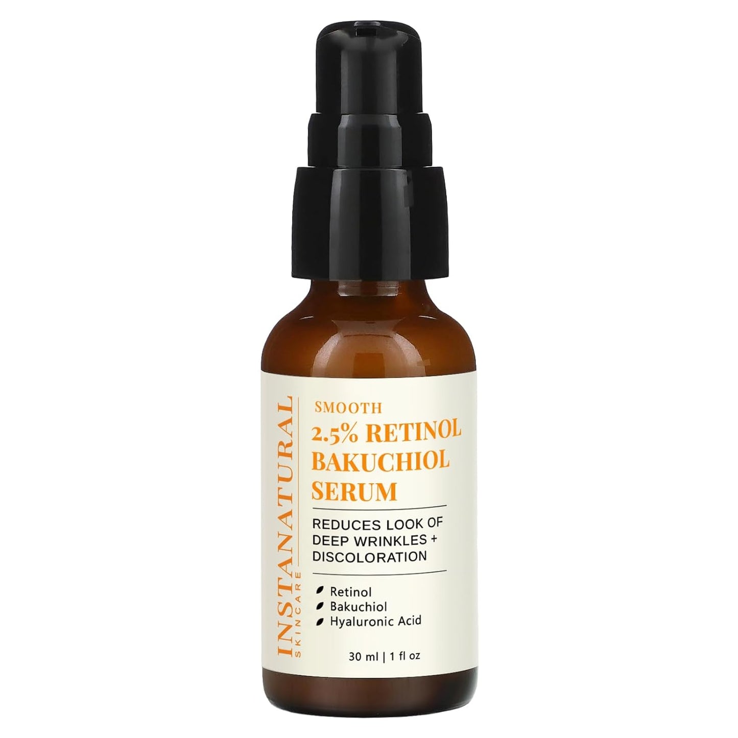 InstaNatural Retinol Serum for Face with 2.5% Retinol, Bakuchiol, Hyaluronic Acid & Squalane | Smoothing Serum for Even-Toned, Youthful-Looking Skin - 1 Fl Oz