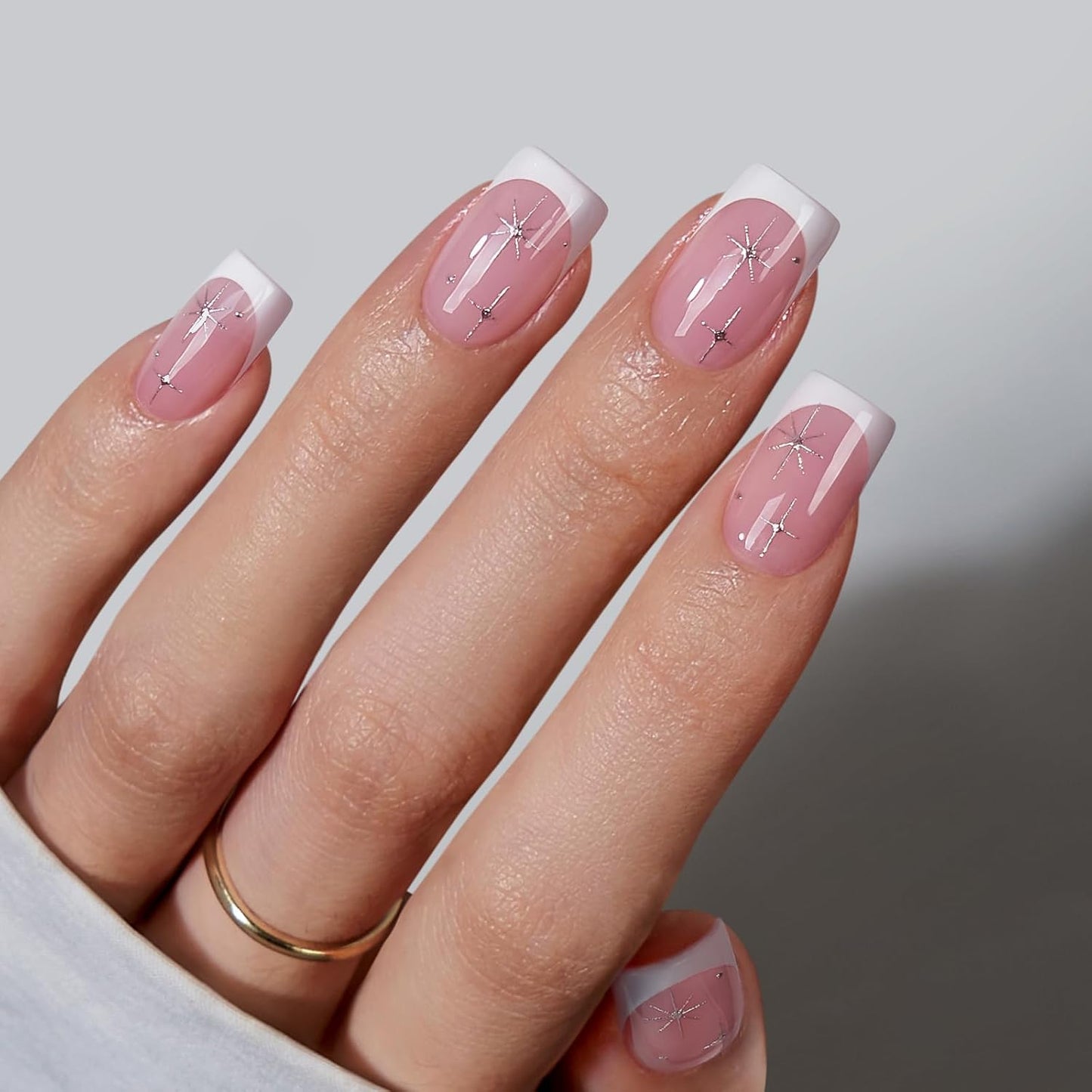 BTArtbox French Tip Press On Nails - Pink Short Press On Nails with Stars, Soft Gel Glue On Nails with Nail Glue in 16 Sizes, 32 Stick on Nails Kit for Christmas, Starlit Sparkle