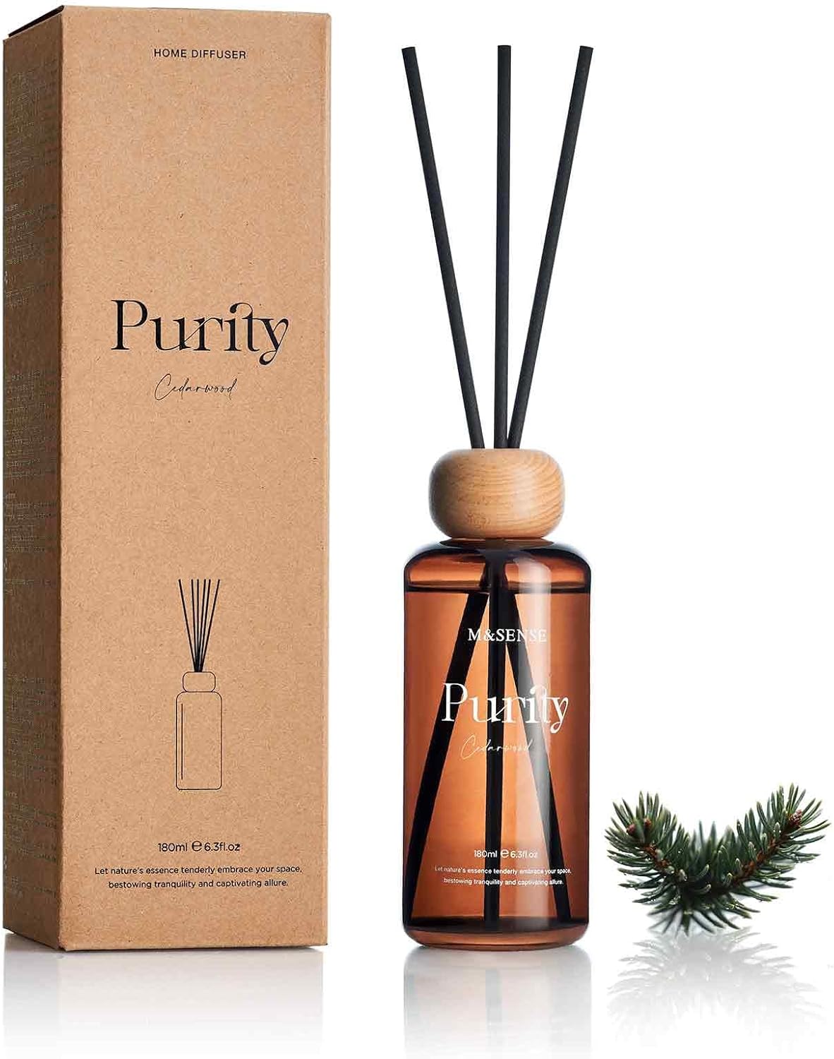 M&SENSE Cedarwood Reed Diffuser: 6.3 fl oz Non-Toxic Aroma Set with Sticks, Light & Subtle Fragrance, Long-Lasting Natural Essential Oil Gifts for Bedroom, Shelf Decor & Small Spaces